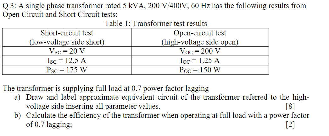 Solved Q 3: A single phase transformer rated 5 kVA, 200 | Chegg.com