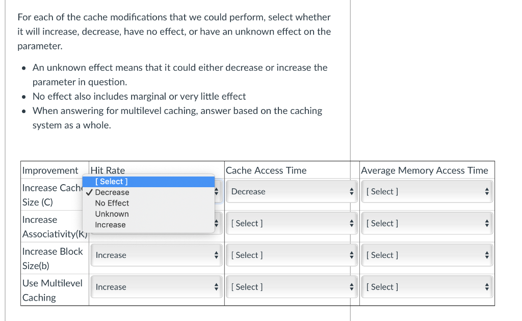 Solved For each of the cache modifications that we could | Chegg.com
