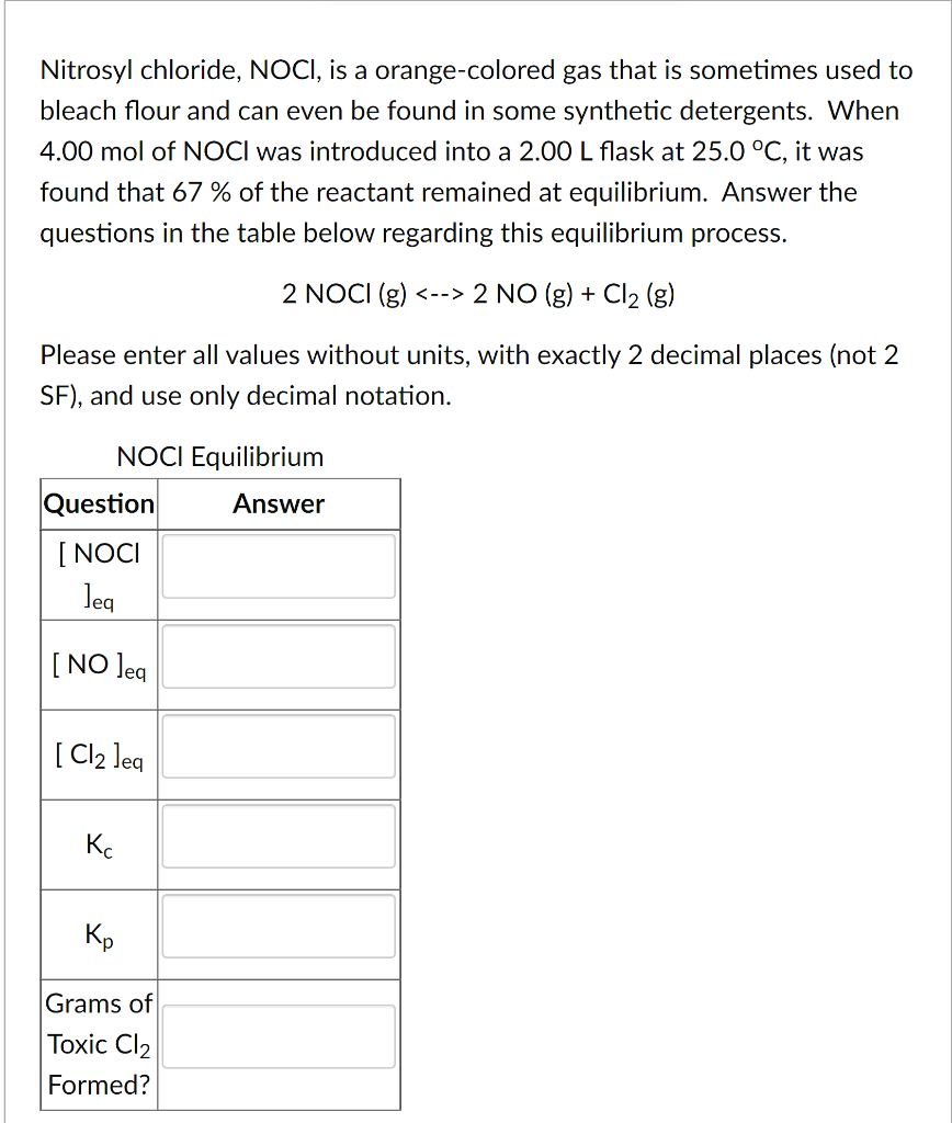 Solved Nitrosyl chloride, NOCI, is a orangecolored gas that