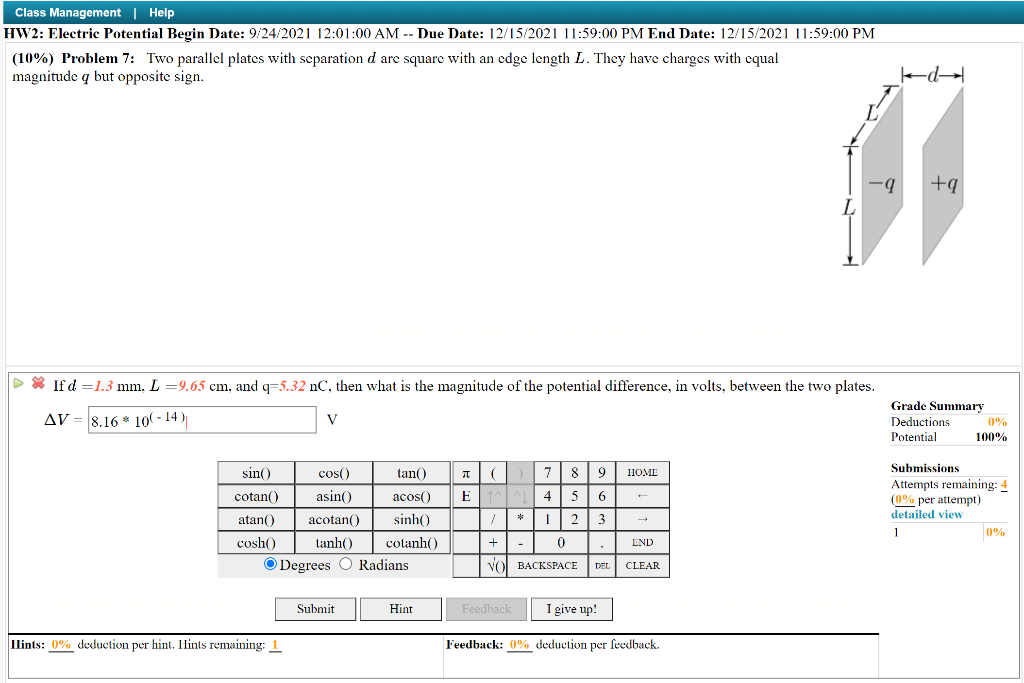 Solved (10%) Problem 7: Two parallel plates with | Chegg.com
