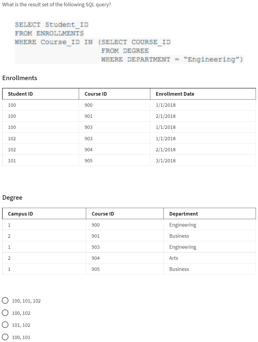 Solved What Is The Result Set Of The Following Sql Query Chegg Com