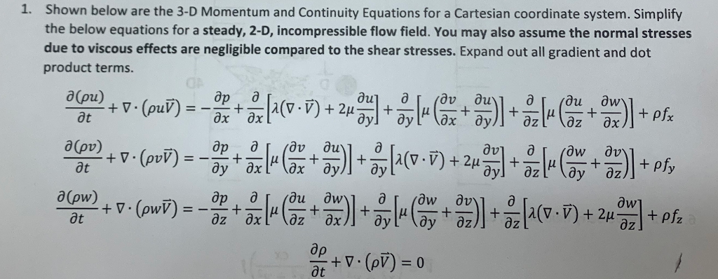 Solved 1. Shown below are the 3-D Momentum and Continuity | Chegg.com