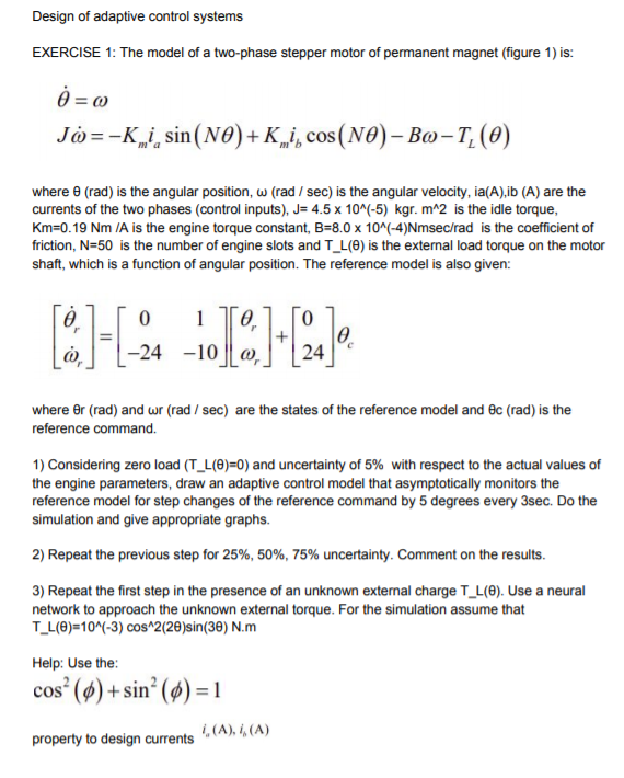 Design of adaptive control systems EXERCISE 1: The | Chegg.com
