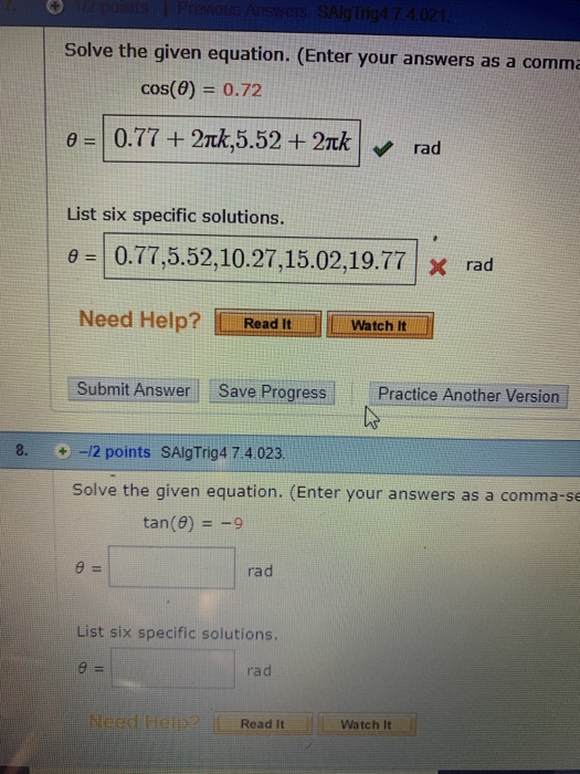Solved SA勺Tr 04 74 Solve the given equation. (Enter your | Chegg.com