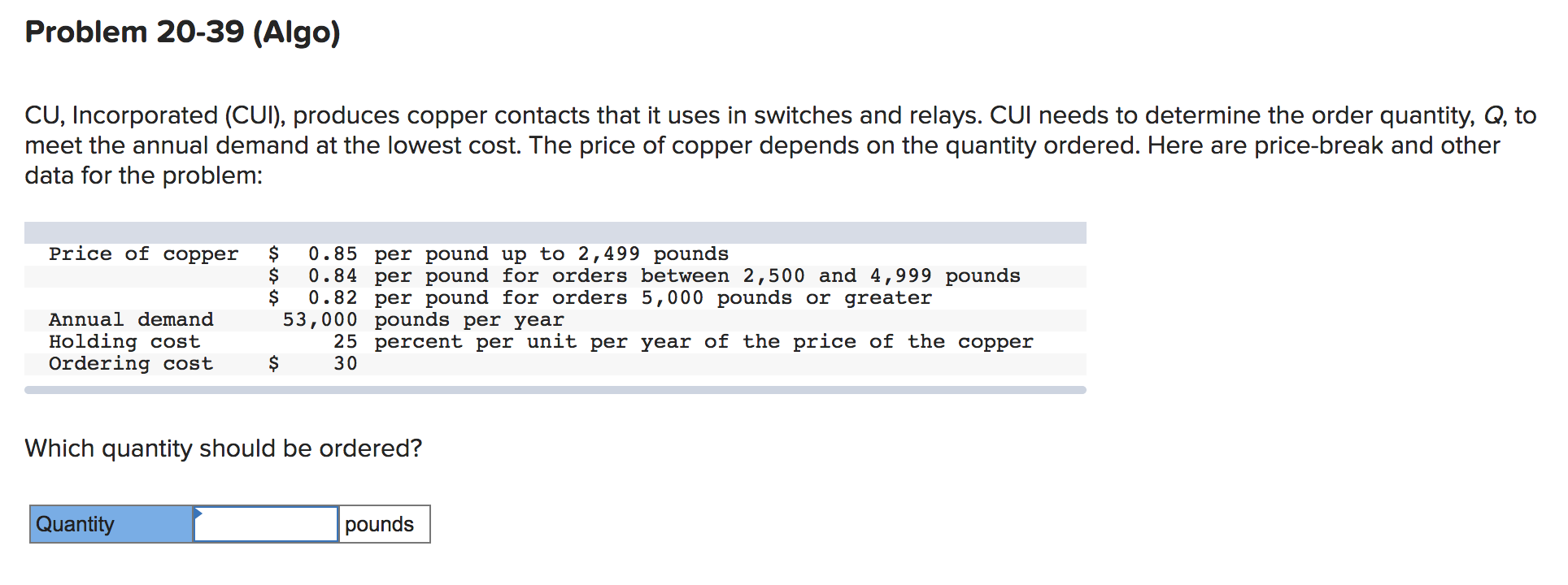 Solved Problem 20-39 (Algo) CU, Incorporated (CUI), produces | Chegg.com