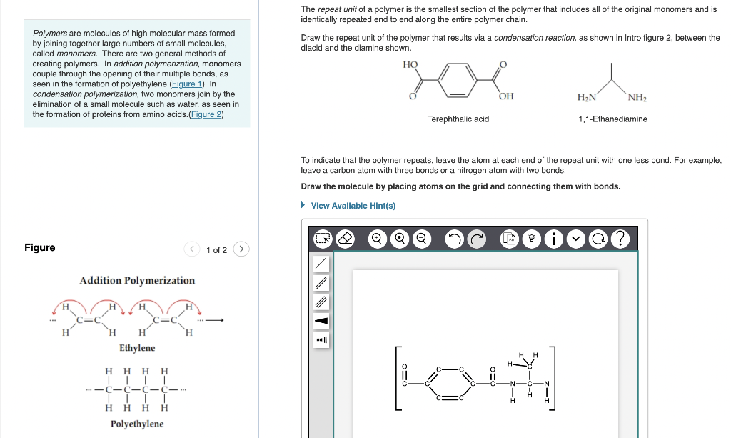 The repeat unit of a polymer is the smallest section of the polymer that includes all of the original monomers and is identic