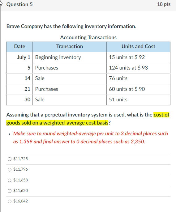 Solved Brave Company has the following inventory | Chegg.com