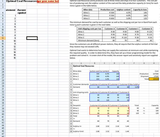 Solved 1 Optimal Coal Resources pe your name hei atement | Chegg.com