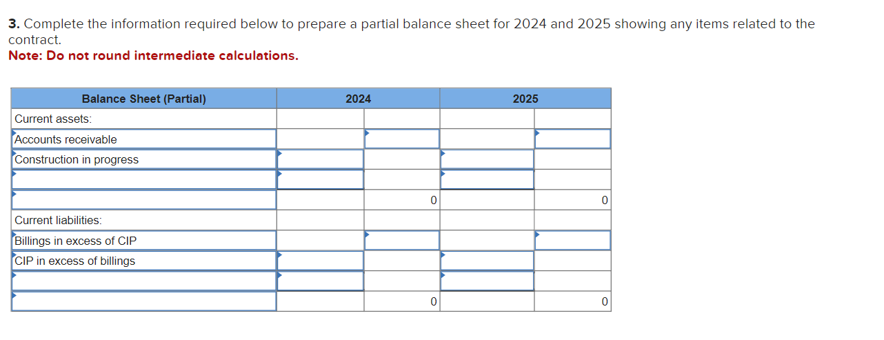 3. Complete the information required below to prepare a partial balance sheet for 2024 and 2025 showing any items related to 