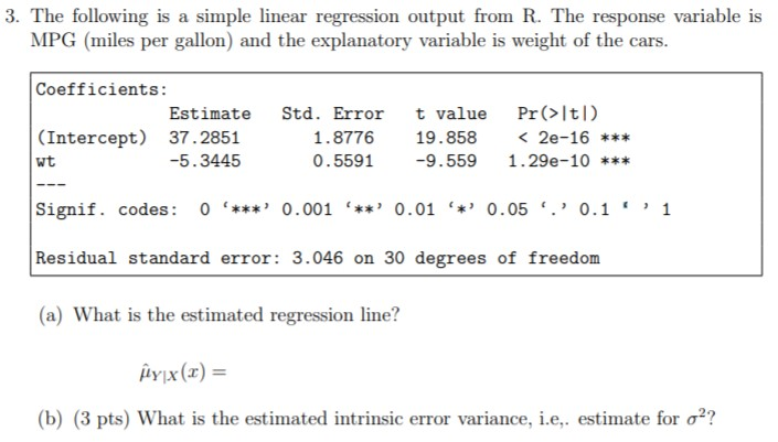 Solved 3. The following is a simple linear regression output | Chegg.com
