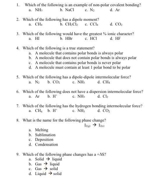 Solved 1. Which of the following is an example of non-polar | Chegg.com