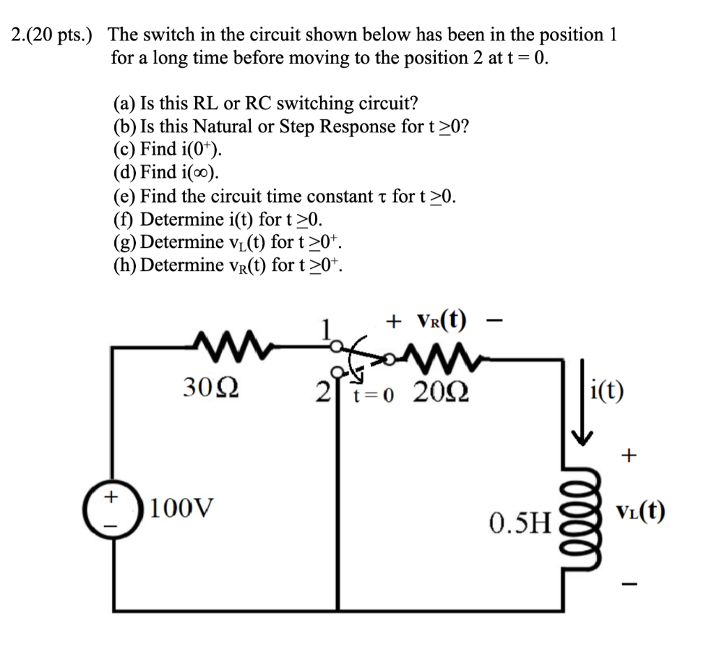Solved 2.(20 pts.) The switch in the circuit shown below has | Chegg.com