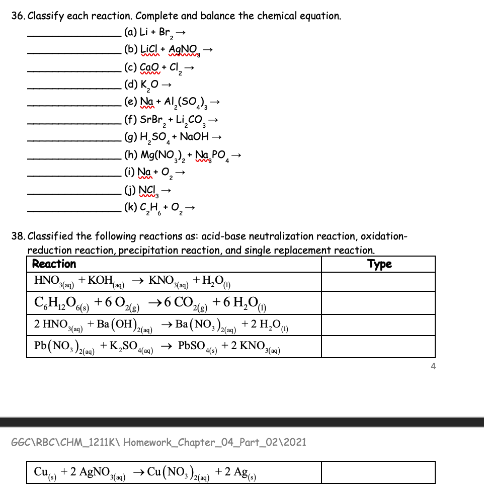 Solved - dig + 36. Classify each reaction. Complete and | Chegg.com