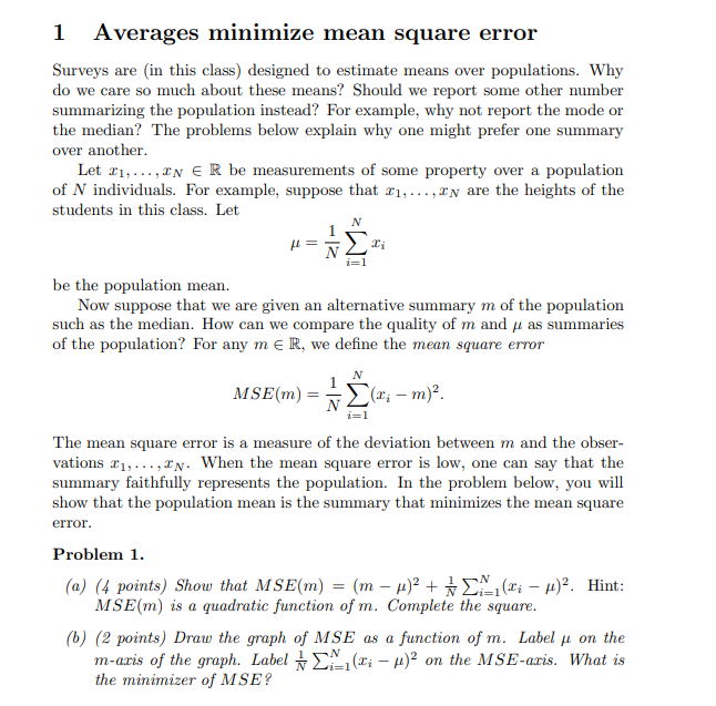 Solved 1 Averages minimize mean square error Surveys are in | Chegg.com