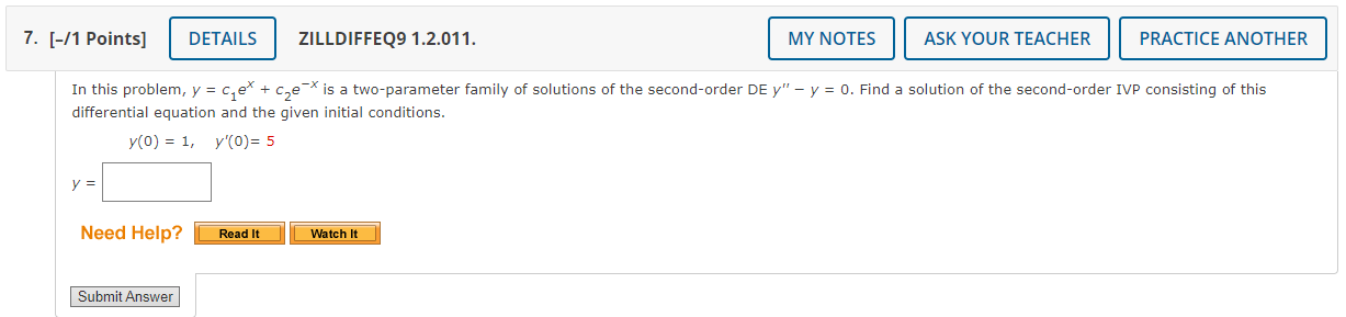 Solved In this problem, y=c1ex+c2e−x is a two-parameter | Chegg.com