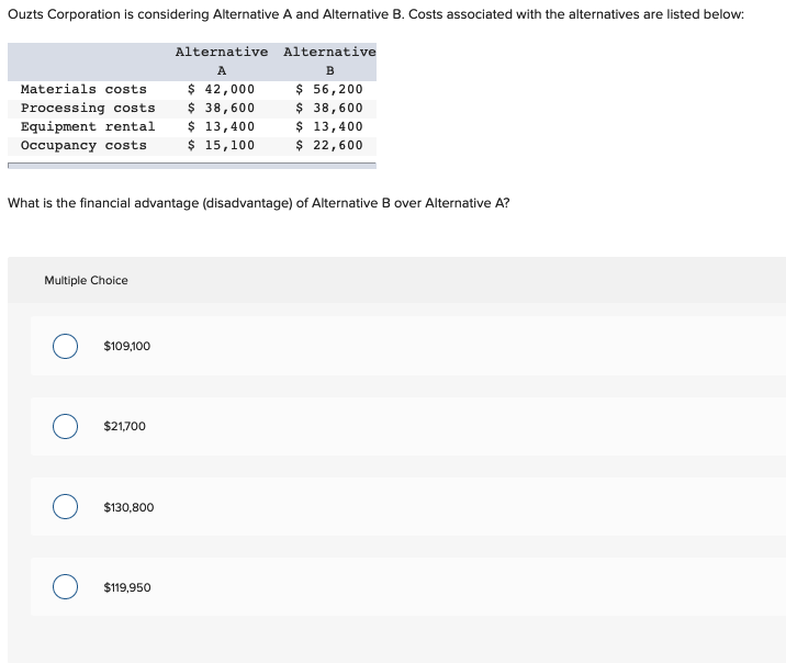 Solved Ouzts Corporation Is Considering Alternative A And | Chegg.com