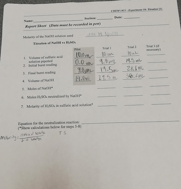 Solved CHEM 1411 - Experiment 10: Titration (61 Date: | Chegg.com