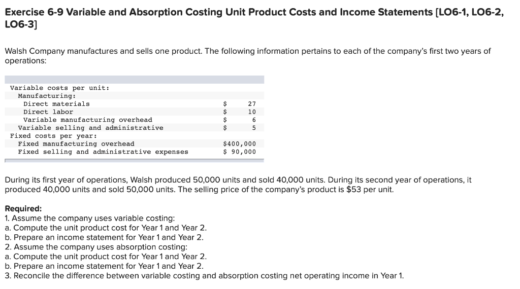 Solved Exercise 6-9 Variable and Absorption Costing Unit | Chegg.com