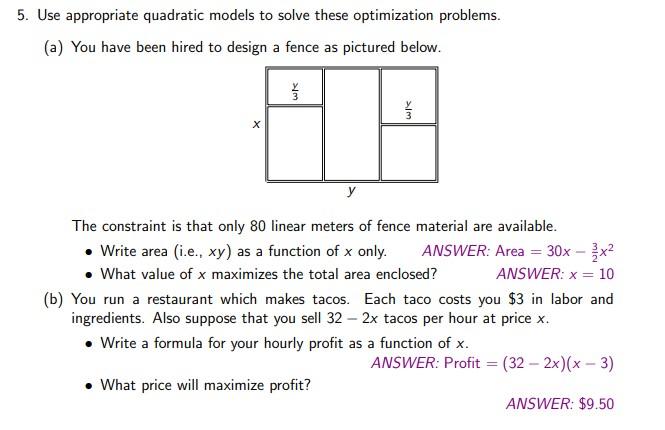 Solved 5. Use appropriate quadratic models to solve these | Chegg.com