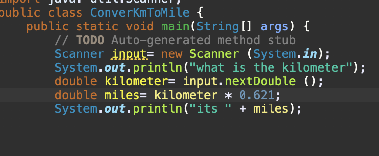 срол сауат астсосиппст, oublic class ConverkmToMile { public static void main(String[] args) { // TODO Auto-generated method
