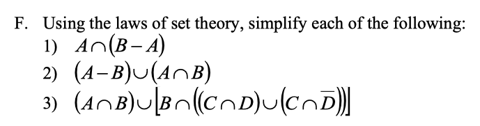 Solved F. Using The Laws Of Set Theory, Simplify Each Of The | Chegg.com