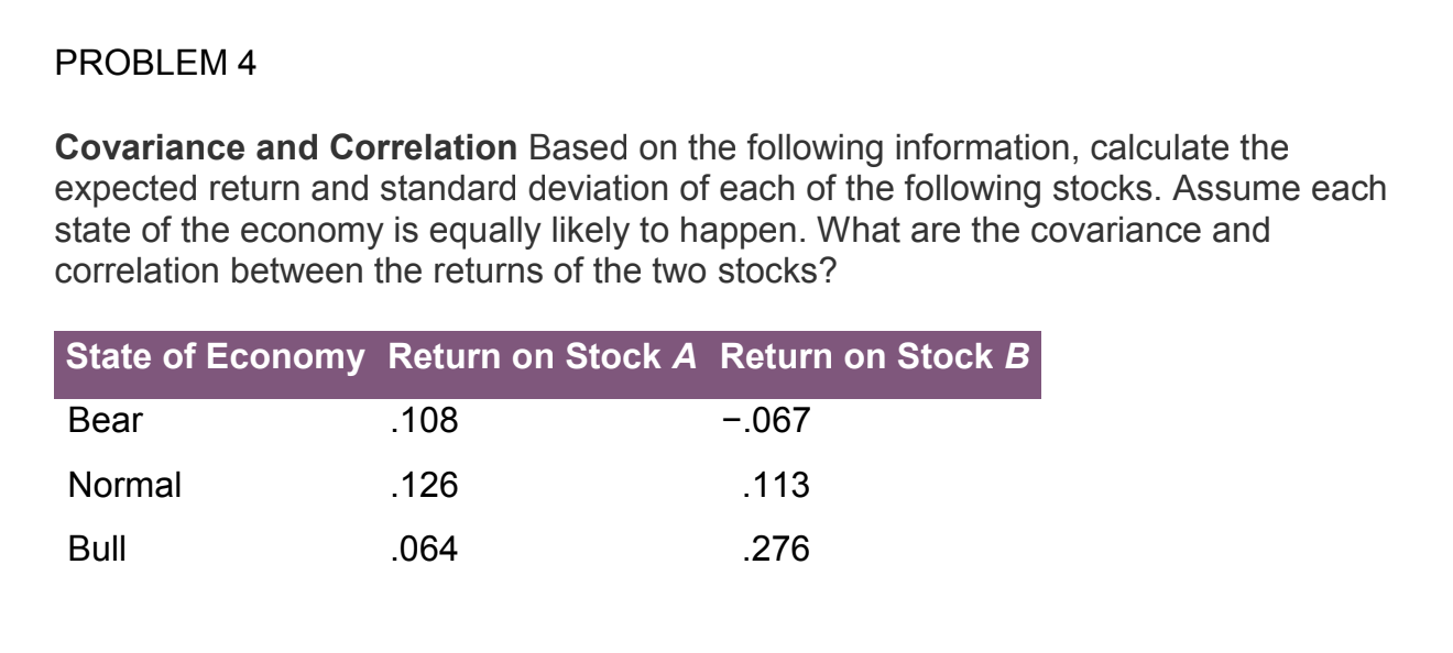 Solved PROBLEM 4. Covariance And Correlation Based On The | Chegg.com