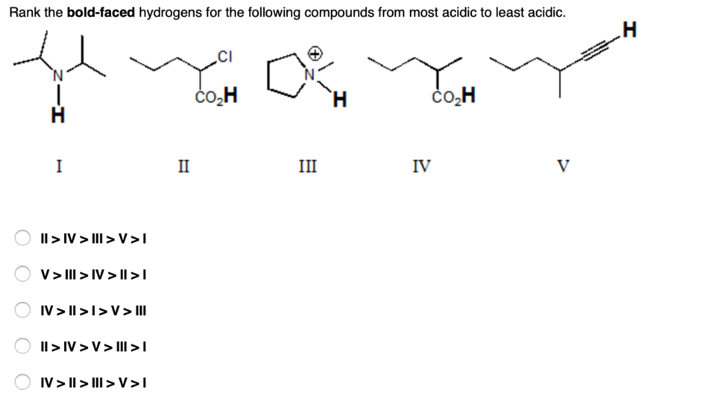 Solved Rank the boldfaced hydrogens for the following