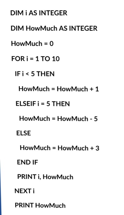Solved DIM i AS INTEGER DIM HowMuch AS INTEGER HowMuch = 0 | Chegg.com