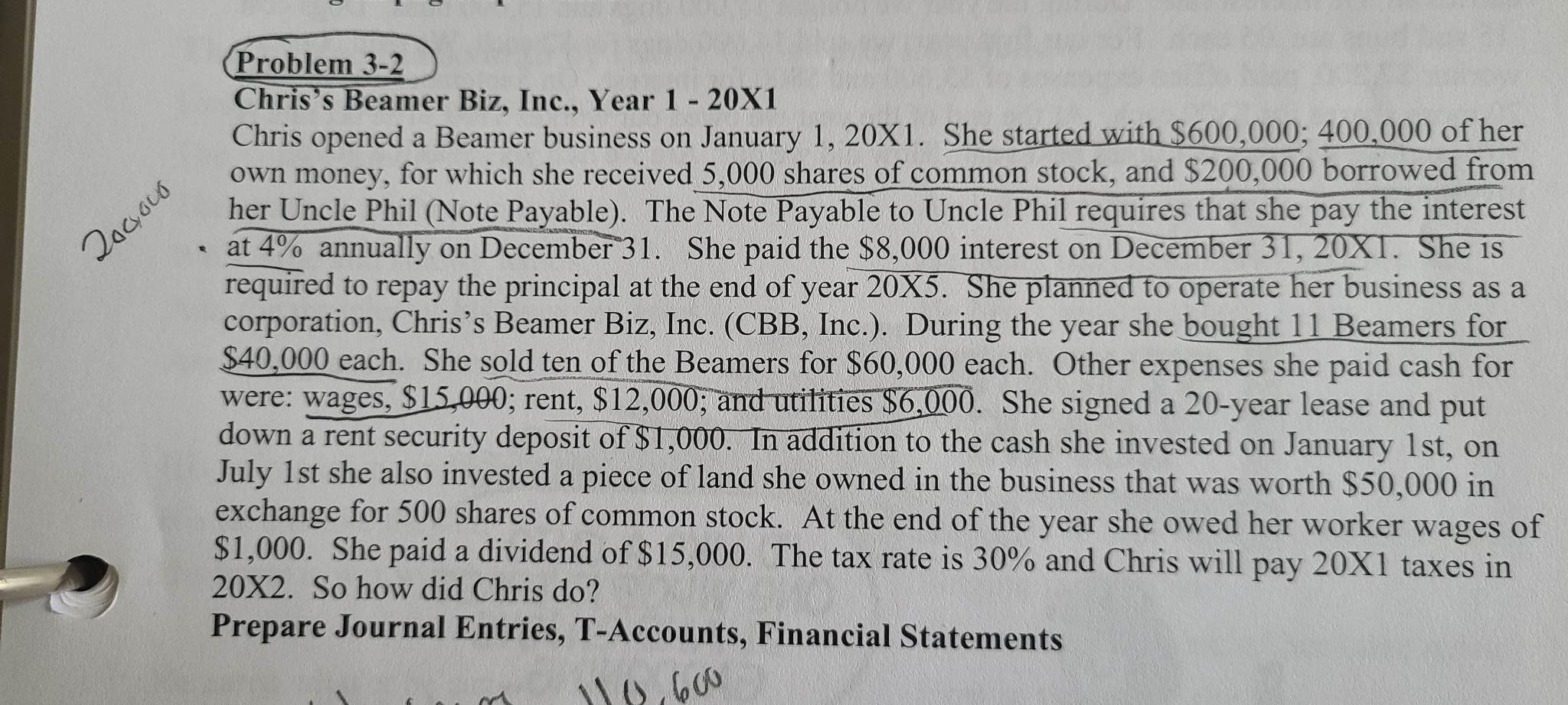 Solved Problem 3-2 Chris's Beamer Biz, Inc., Year 1 - 20X1 | Chegg.com