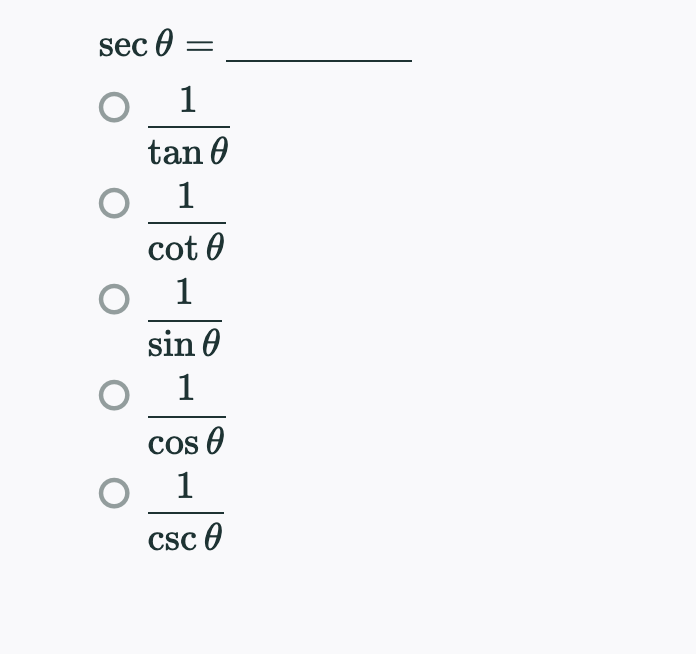 Solved sec 0 = 1 tan 1 cot 1 sin A 1 cos 0 1 csc o | Chegg.com