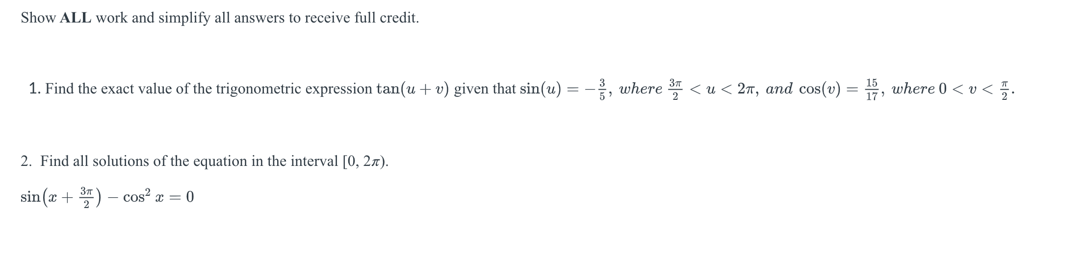 Solved Show ALL work and simplify all answers to receive | Chegg.com