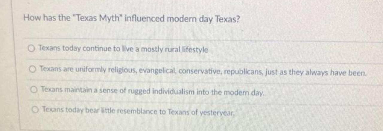 Solved How has the "Texas Myth" influenced modern day Texas? | Chegg.com