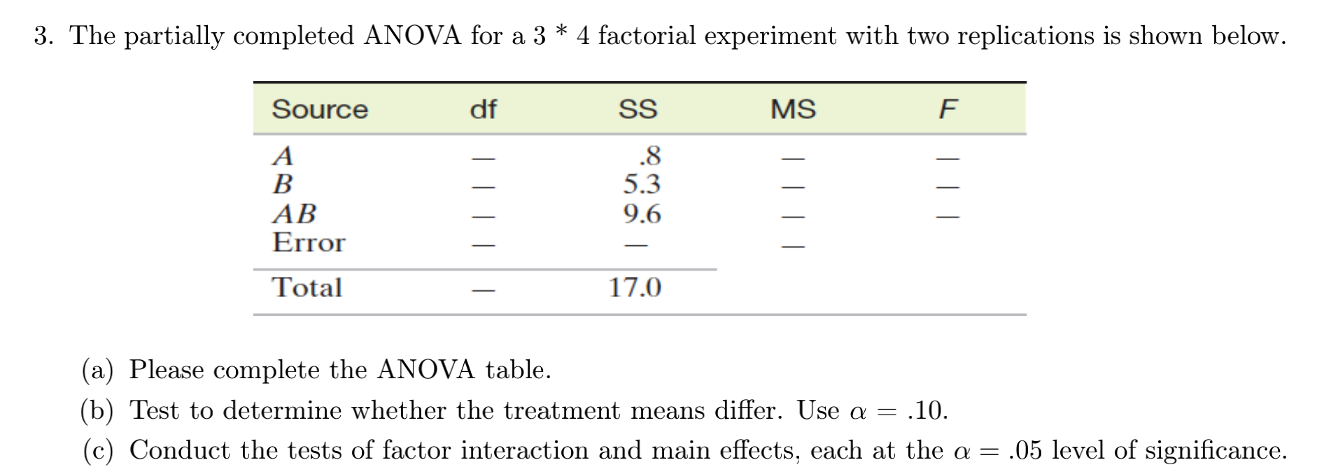Solved 3. The partially completed ANOVA for a 3 * 4 | Chegg.com