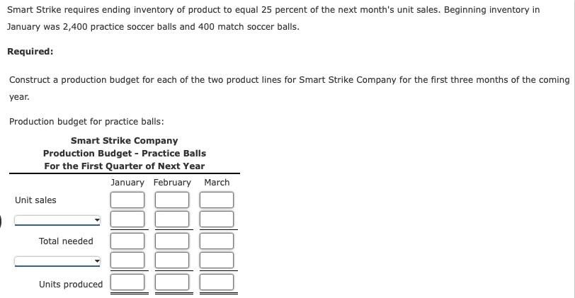 Smart Strike requires ending inventory of product to equal 25 percent of the next months unit sales. Beginning inventory in 