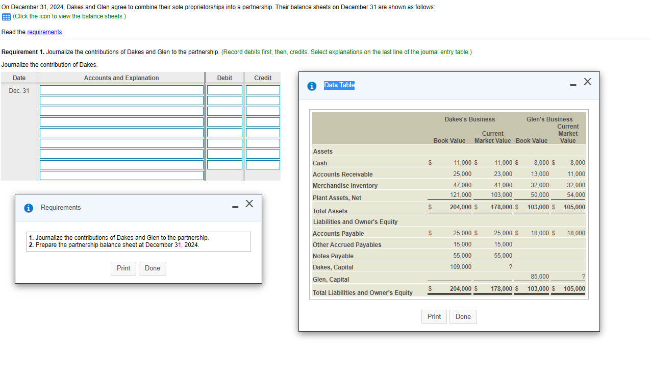 Solved On December 31, 2024, Dakes and Glen agree to combine | Chegg.com
