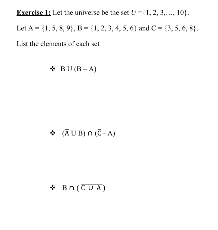 Solved Exercise 1: Let the universe be the set U={1, 2, | Chegg.com