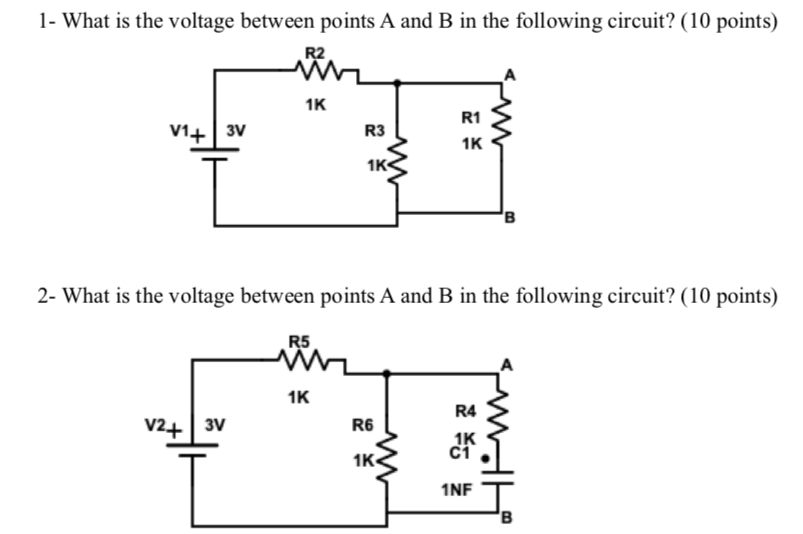 Solved 1- What is the voltage between points A and B in the | Chegg.com
