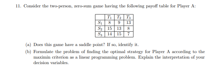 Solved 11. Consider the two-person, zero-sum game having the | Chegg.com