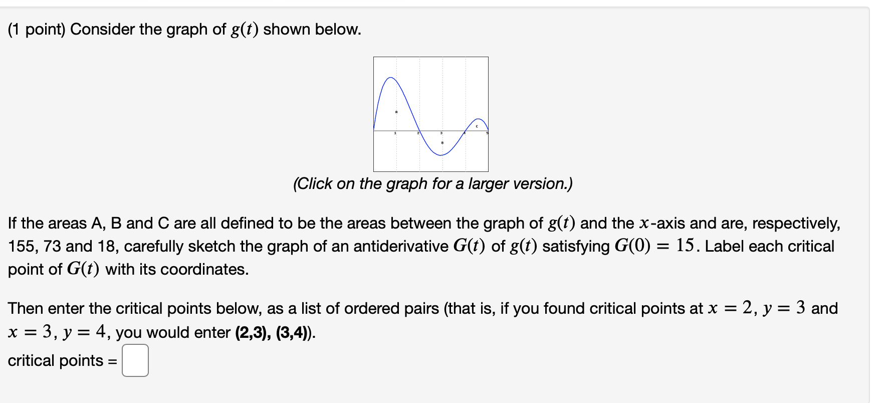 Solved (1 point) Consider the graph of g(t) shown below. A | Chegg.com