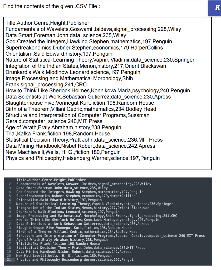 Solved Question 1: Reading a CSV File : [4 Marks] 1 In this | Chegg.com
