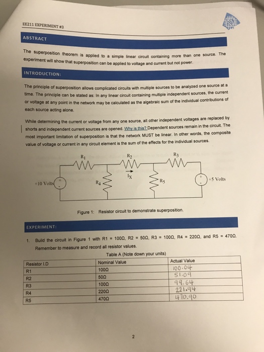 Solved EE211 EXPERIMENT #3 ABSTRACT The superposition | Chegg.com