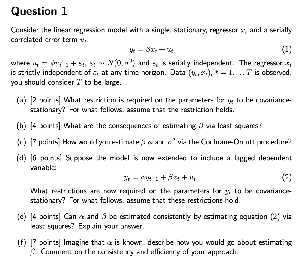 Question 1 Consider the linear regression model with | Chegg.com