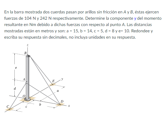 En la barra mostrada dos cuerdas pasan por arillos sin fricción en \( A \) y \( B \), éstas ejercen fuerzas de \( 104 \mathrm