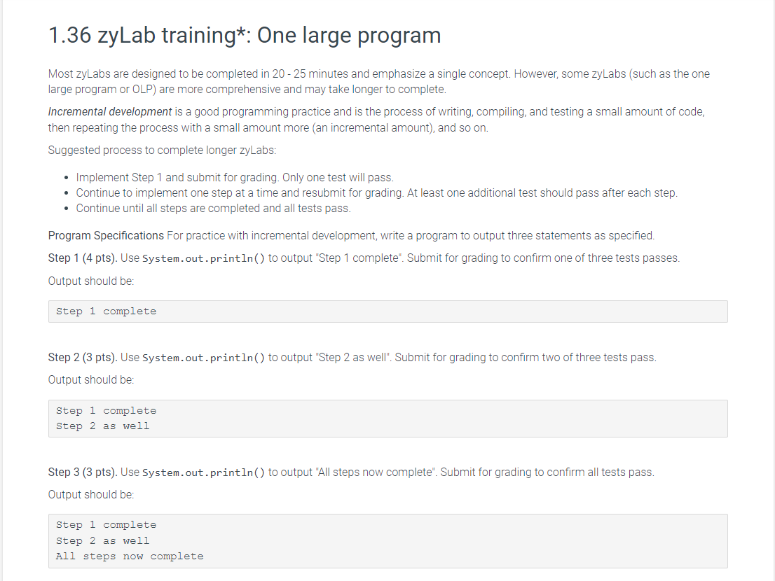 Solved 1.36 zyLab training*: One large program Most zyLabs | Chegg.com