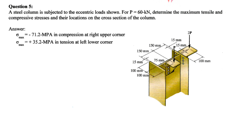 Question 5:
A steel column is subjected to the eccentric loads shown. For \( \mathrm{P}=60-\mathrm{kN} \), determine the maxi