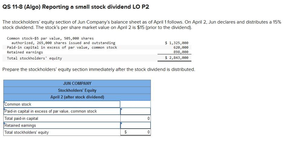 Solved QS 118 (Algo) Reporting a small stock dividend LO P2