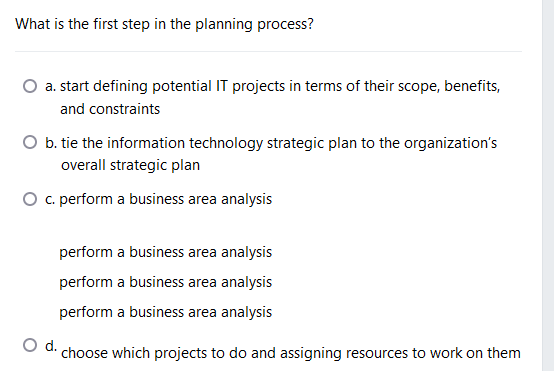 Solved What is the first step in the planning process? a. | Chegg.com