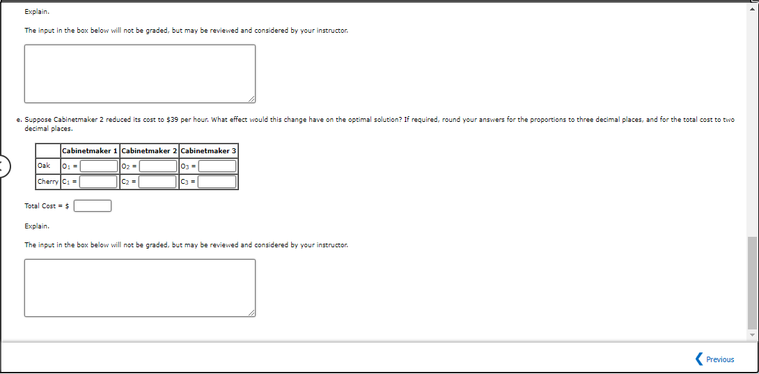 The input in the box below will not be graded, but may be reviewed and considered by your instructor.
e. Suppose Cabinetmaker