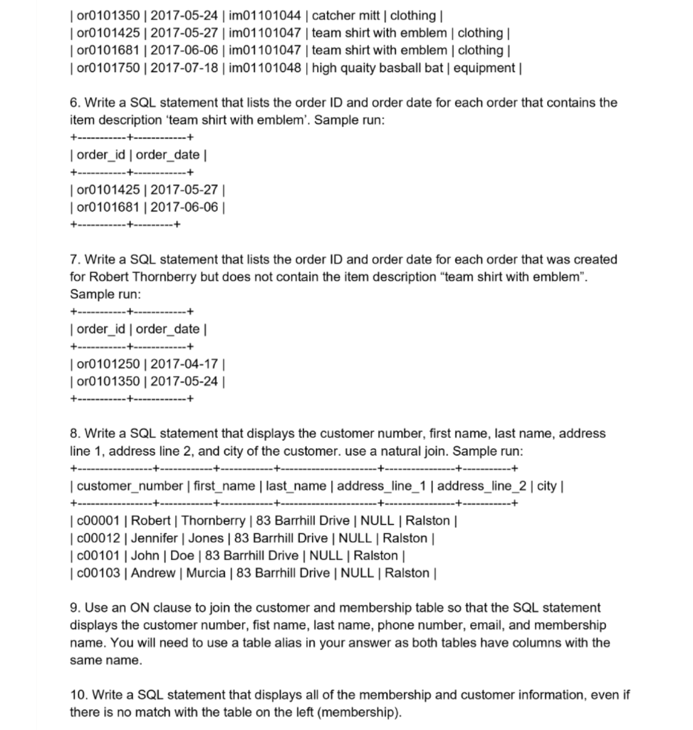 Solved 1. For each order, write a SQL statement that | Chegg.com