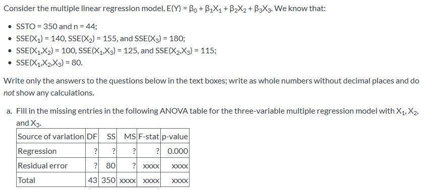 Solved Consider the multiple linear regression model, E(Y) = | Chegg.com